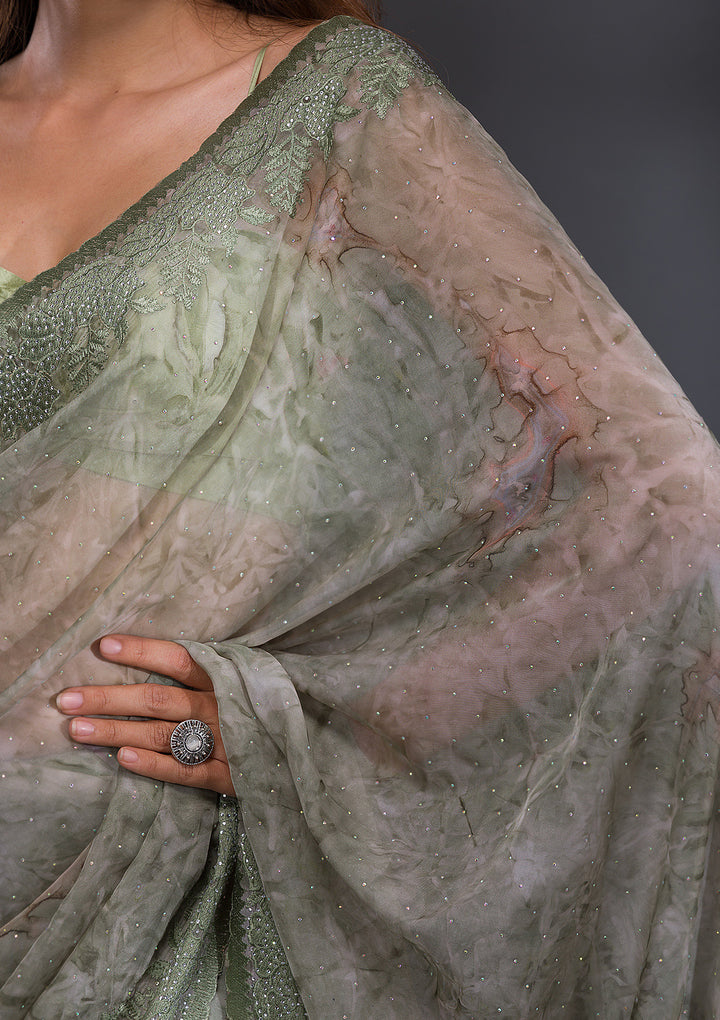 Mehendi Printed Semi Crepe Saree
