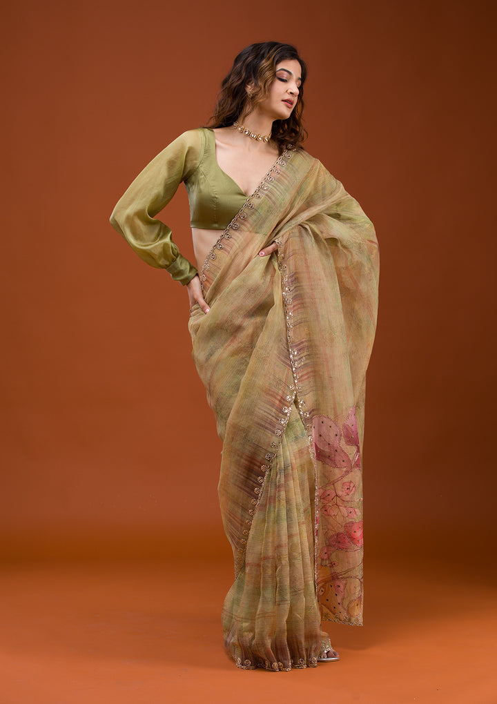 Mehendi Printed Tissue Saree