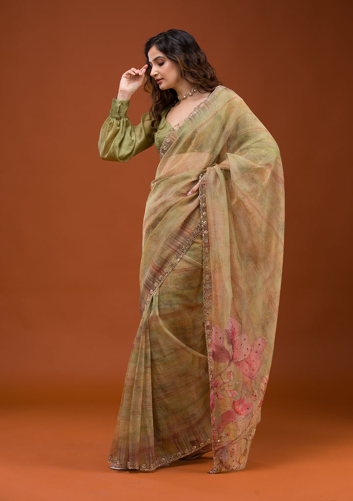 Mehendi Printed Tissue Saree