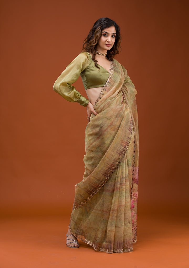Mehendi Printed Tissue Saree