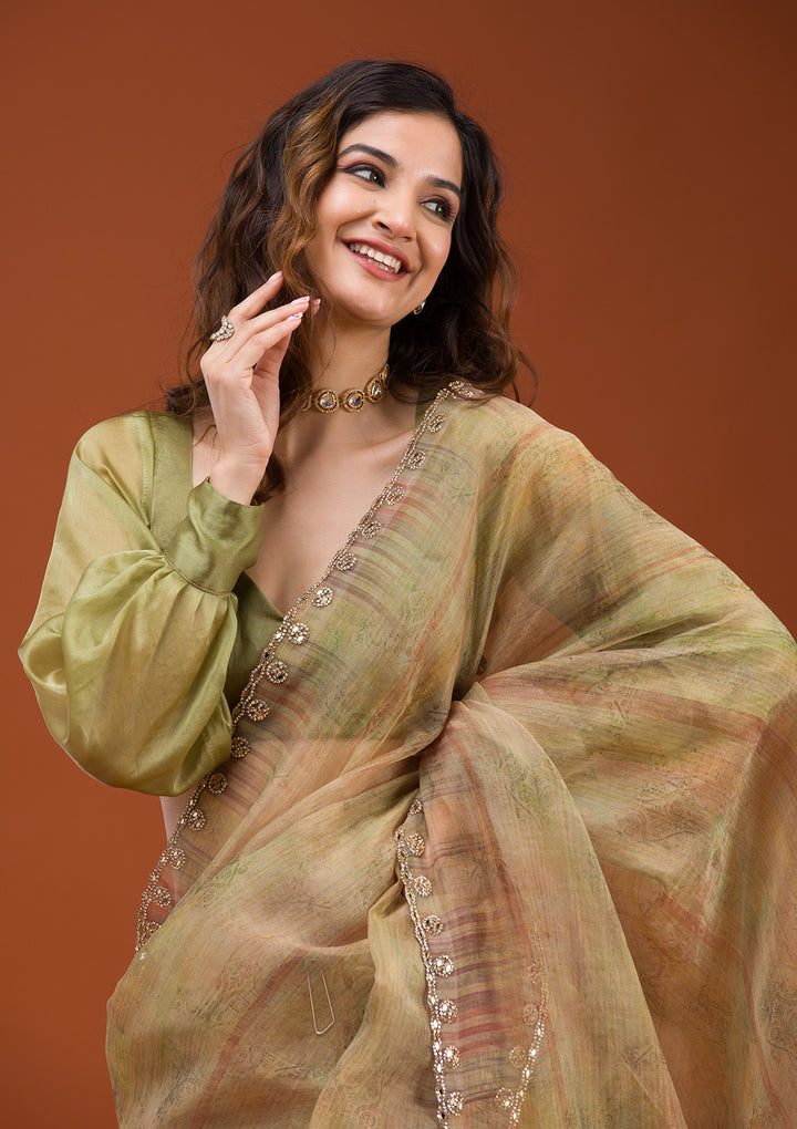 Mehendi Printed Tissue Saree