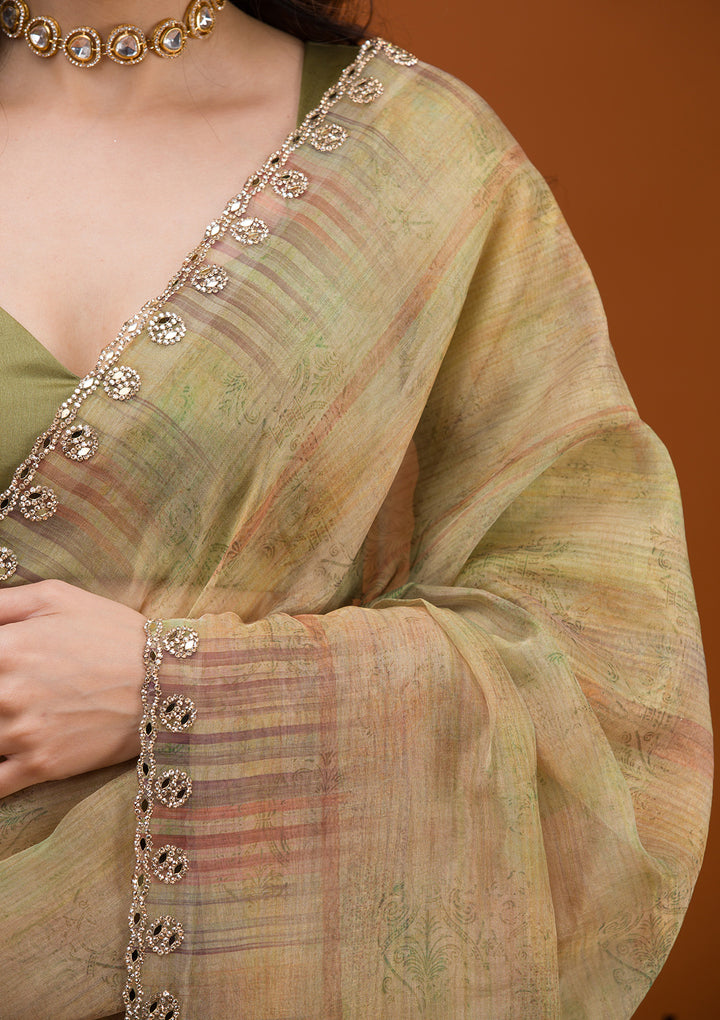Mehendi Printed Tissue Saree