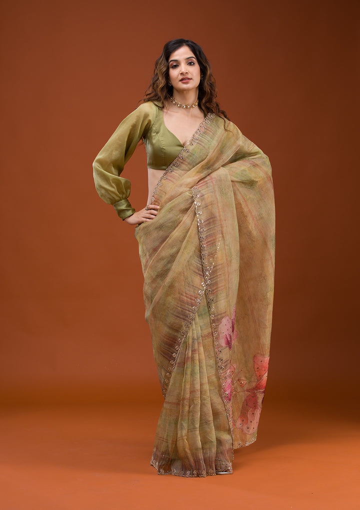 Mehendi Printed Tissue Saree