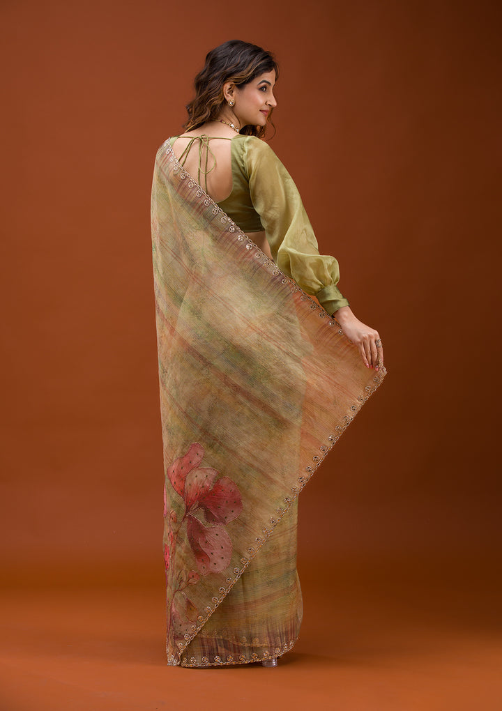 Mehendi Printed Tissue Saree