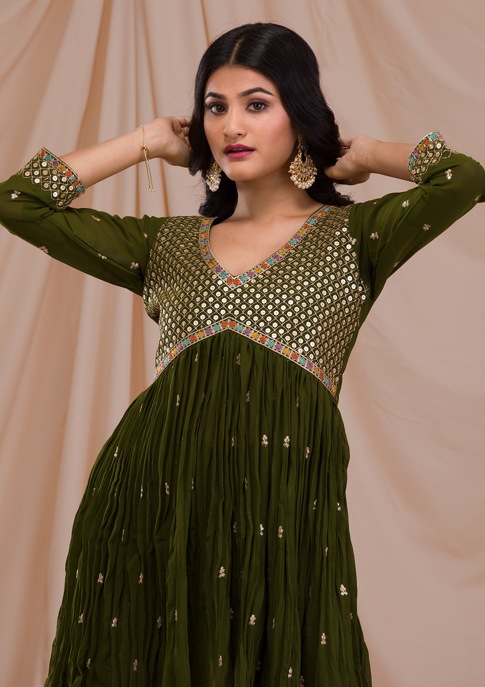 Mehendi Sequins Georgette Readymade Salwar Suit-Koskii