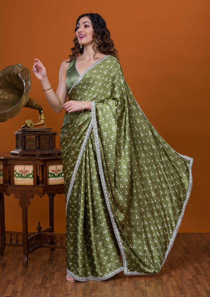 Mehendi Bandhani Satin Saree-Koskii