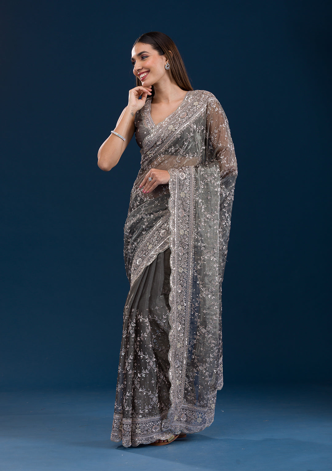 Mehendi Sequins Tissue Saree