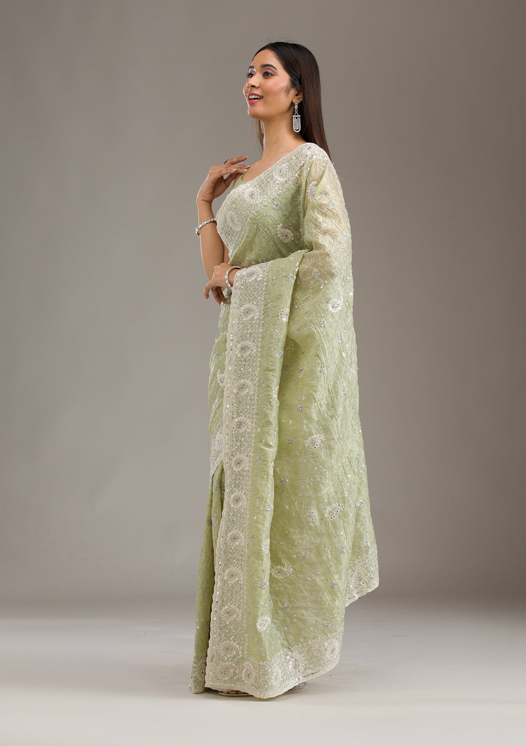 Mehendi Sequins Tissue Saree