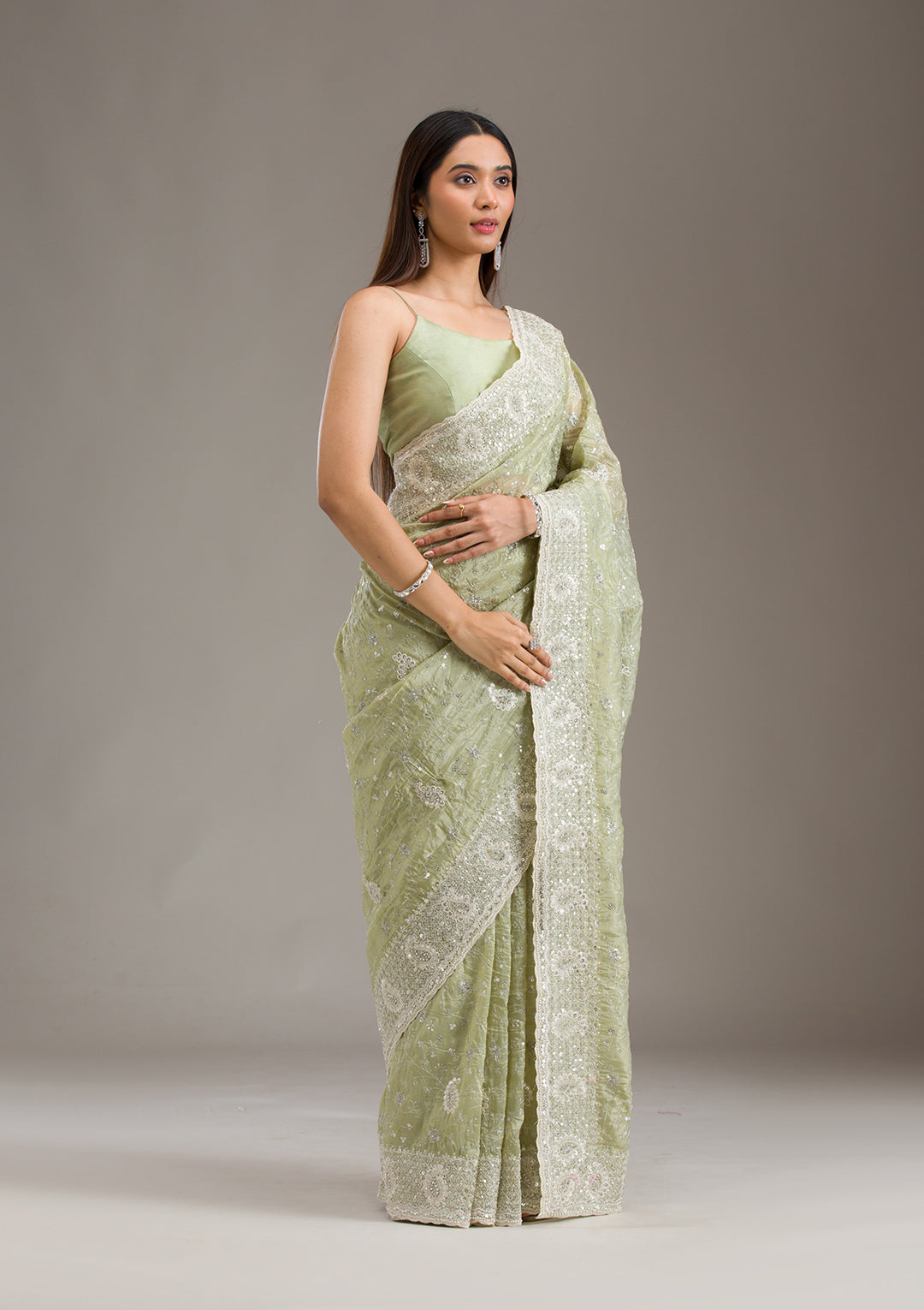 Mehendi Sequins Tissue Saree