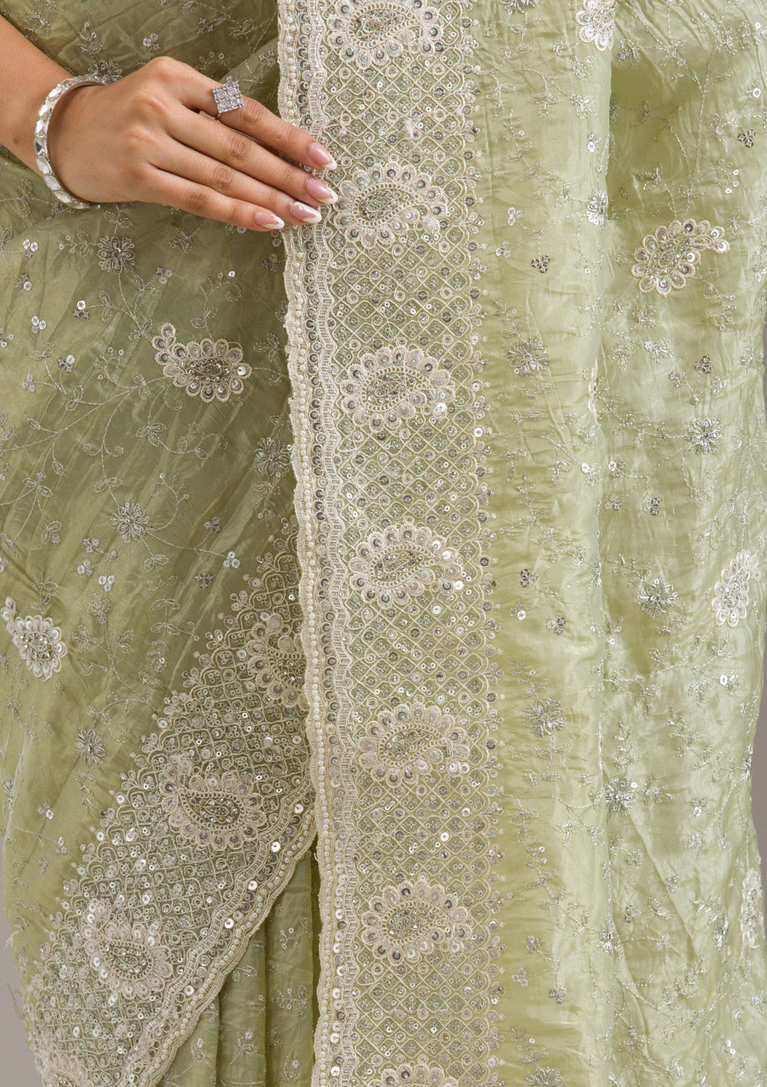 Mehendi Sequins Tissue Saree
