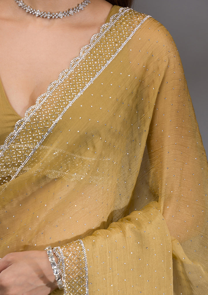 Mehendi Silver Stonework Tissue Saree