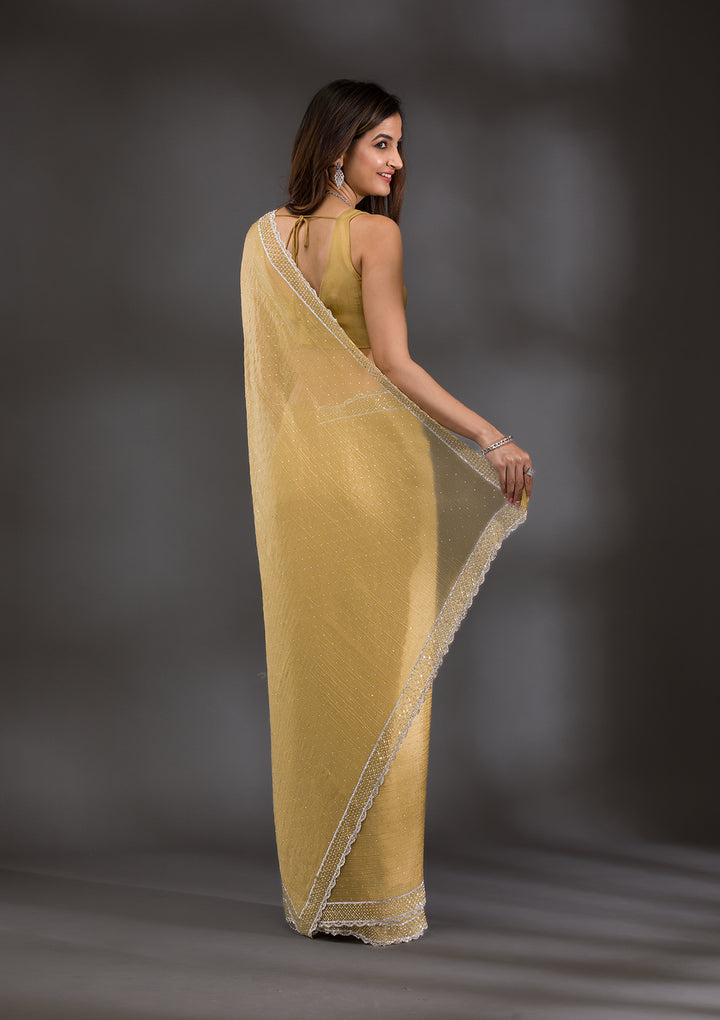 Mehendi Silver Stonework Tissue Saree