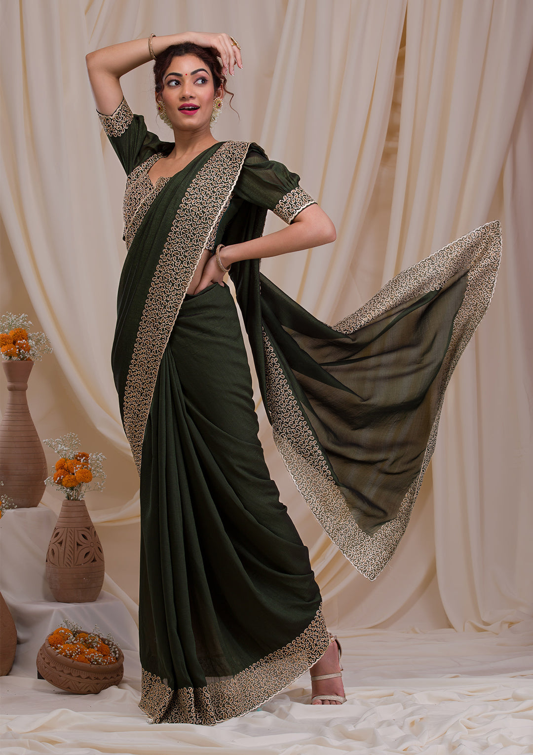 Mehendi Stonework Art Silk Saree-Koskii