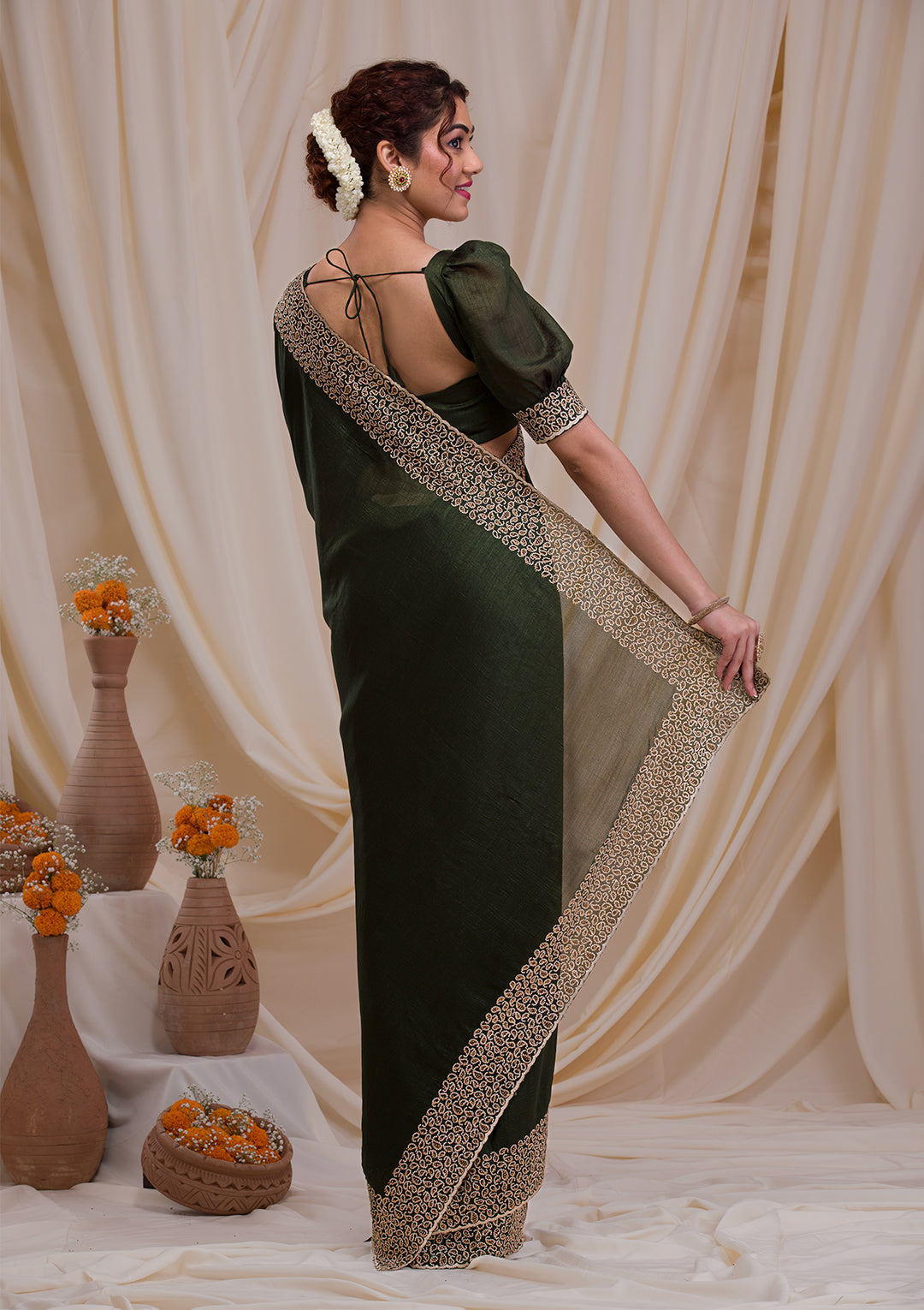 Mehendi Stonework Art Silk Saree