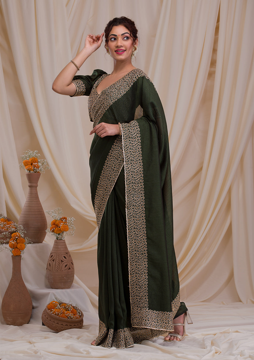 Mehendi Stonework Art Silk Saree