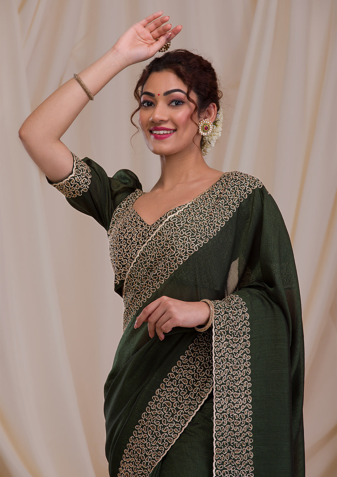 Mehendi Stonework Art Silk Saree