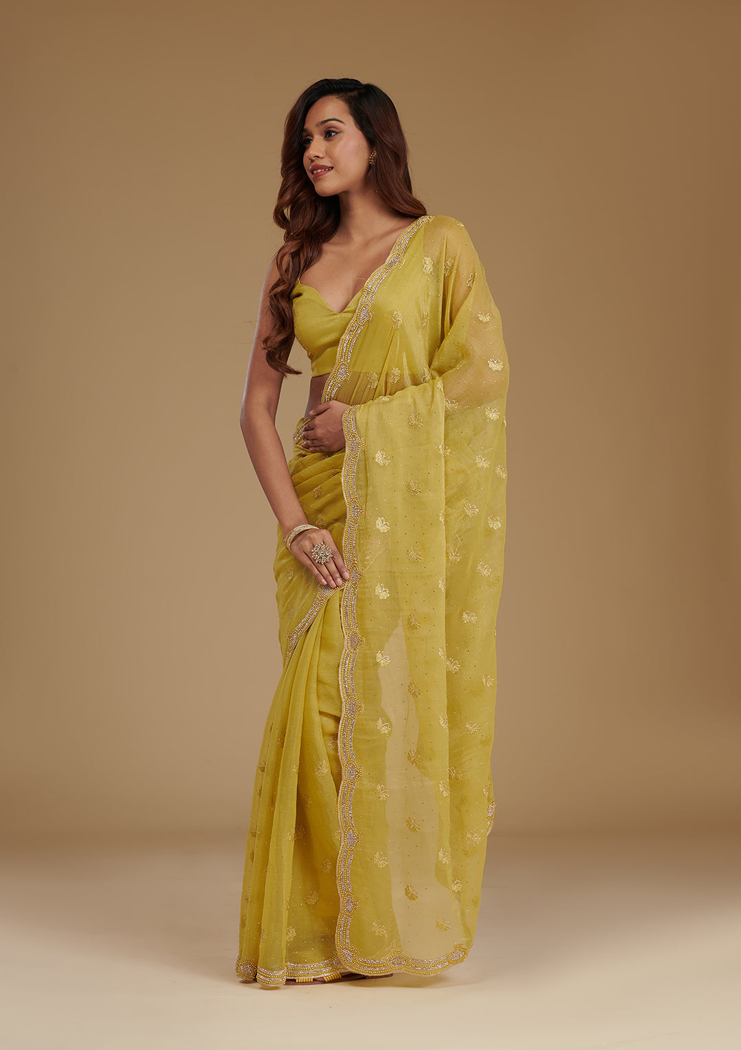 Mehendi Stonework Chiffon Saree