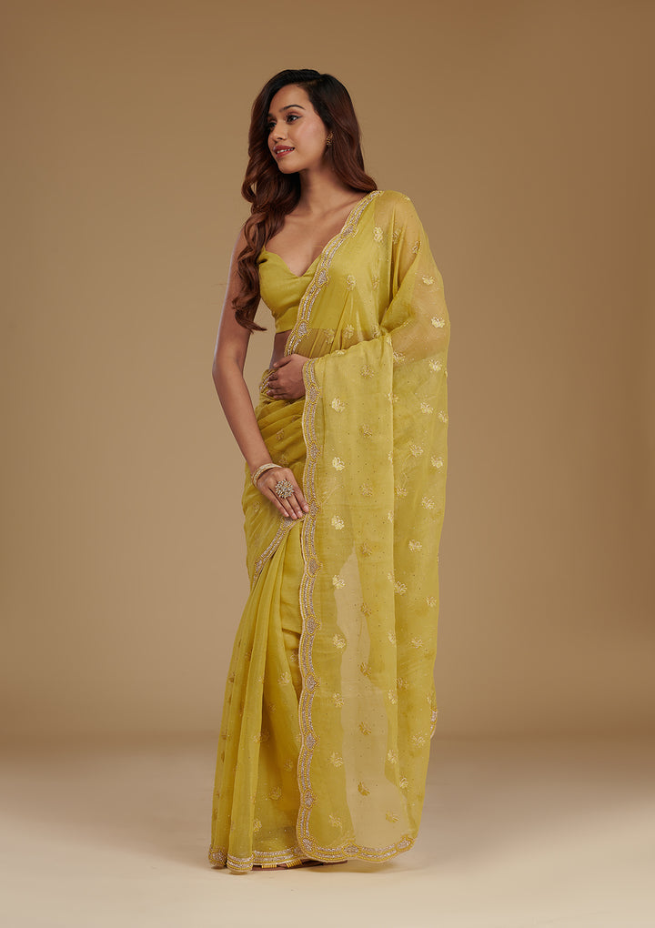 Mehendi Stonework Chiffon Saree