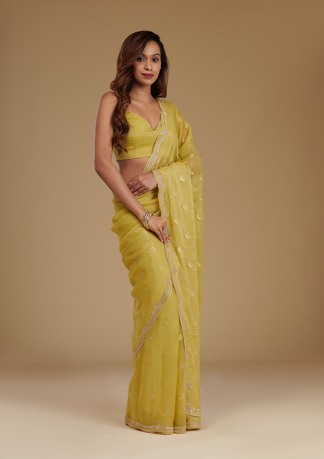 Mehendi Stonework Chiffon Saree
