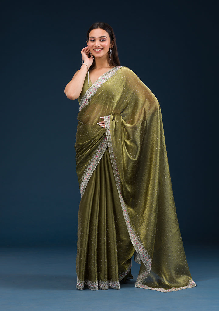 Mehendi Stonework Chiffon Saree