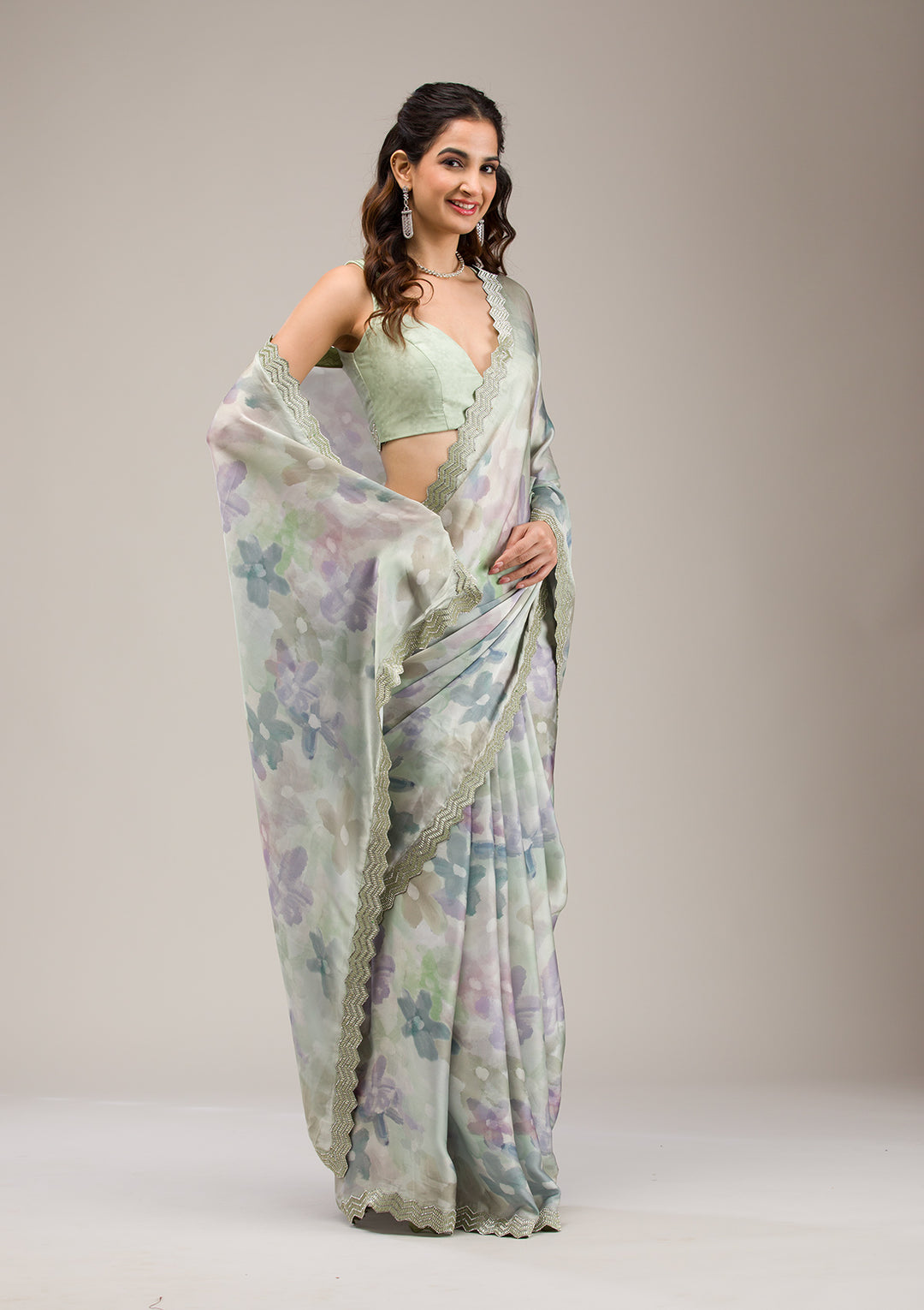 Mehendi Stonework Satin Saree