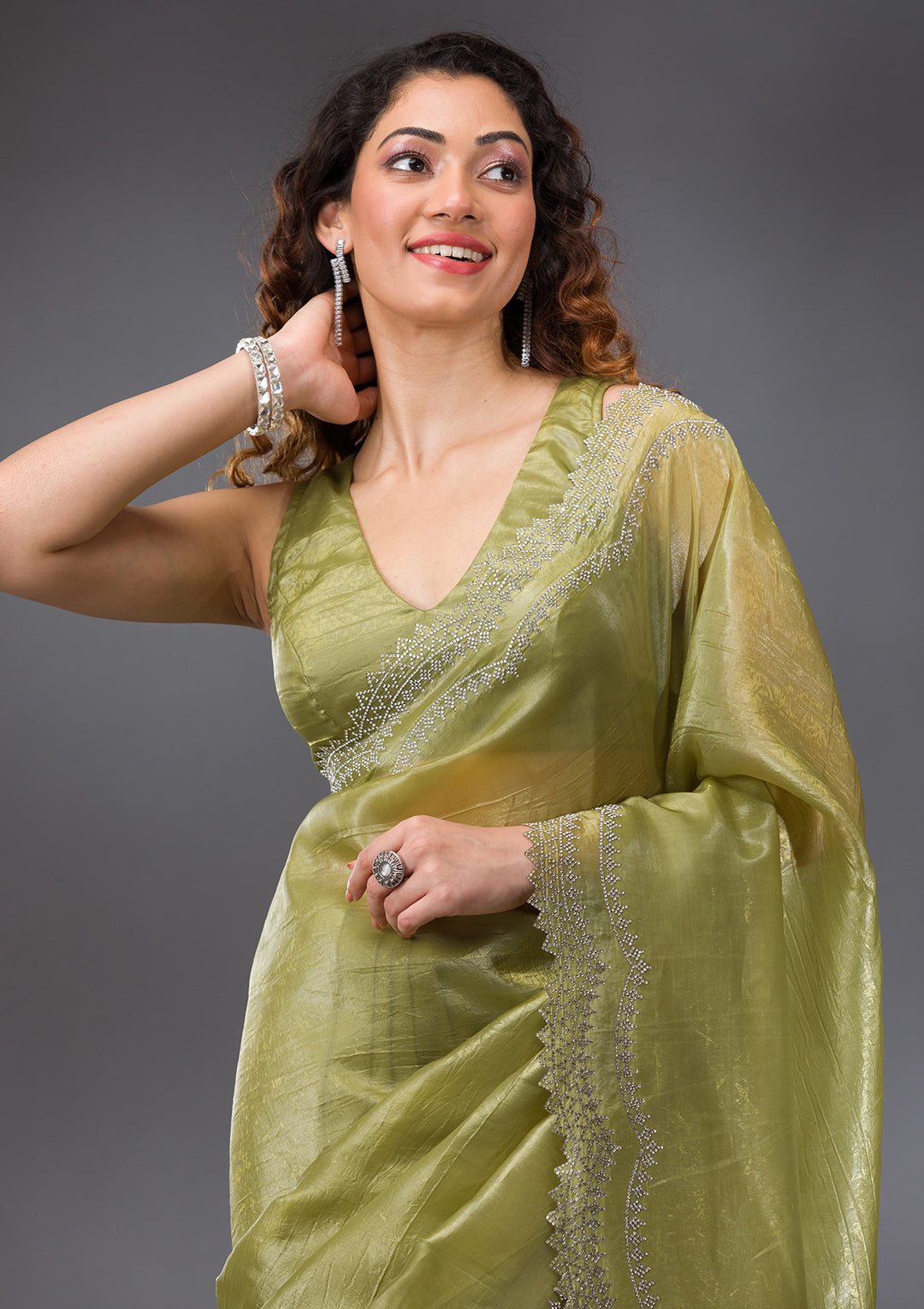 Mehendi Stonework Tissue Saree