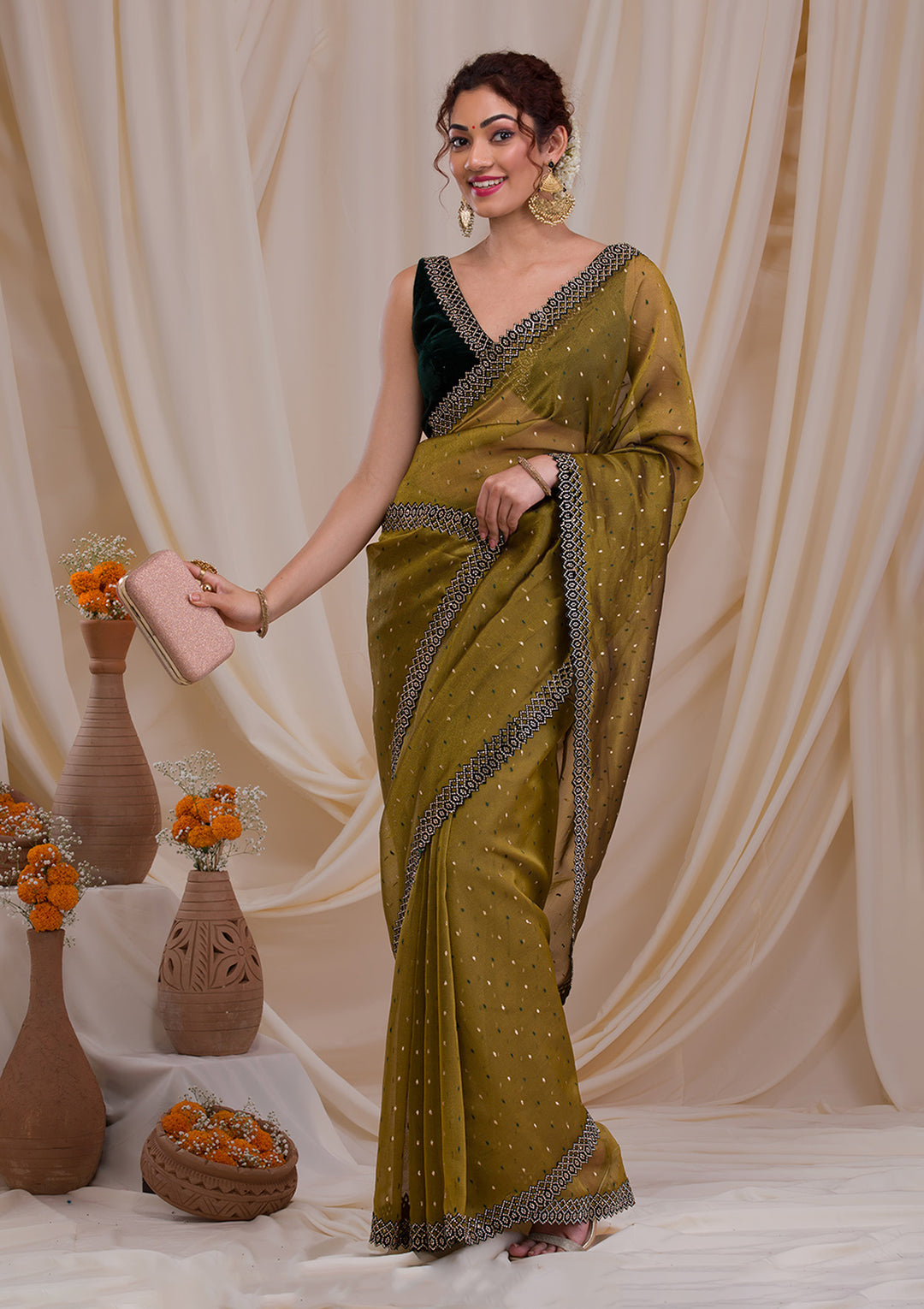Mehendi Swarovski Tissue Saree-Koskii