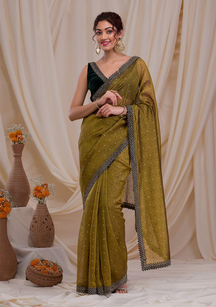 Mehendi Swarovski Organza Saree