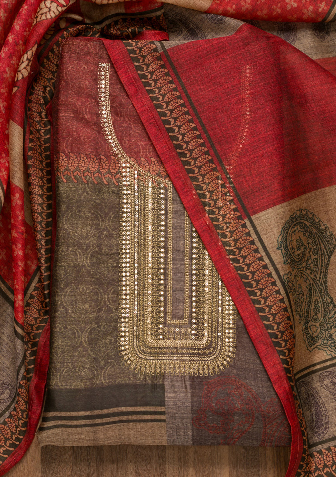 Mehendi Threadwork Chanderi Unstitched Salwar Suit