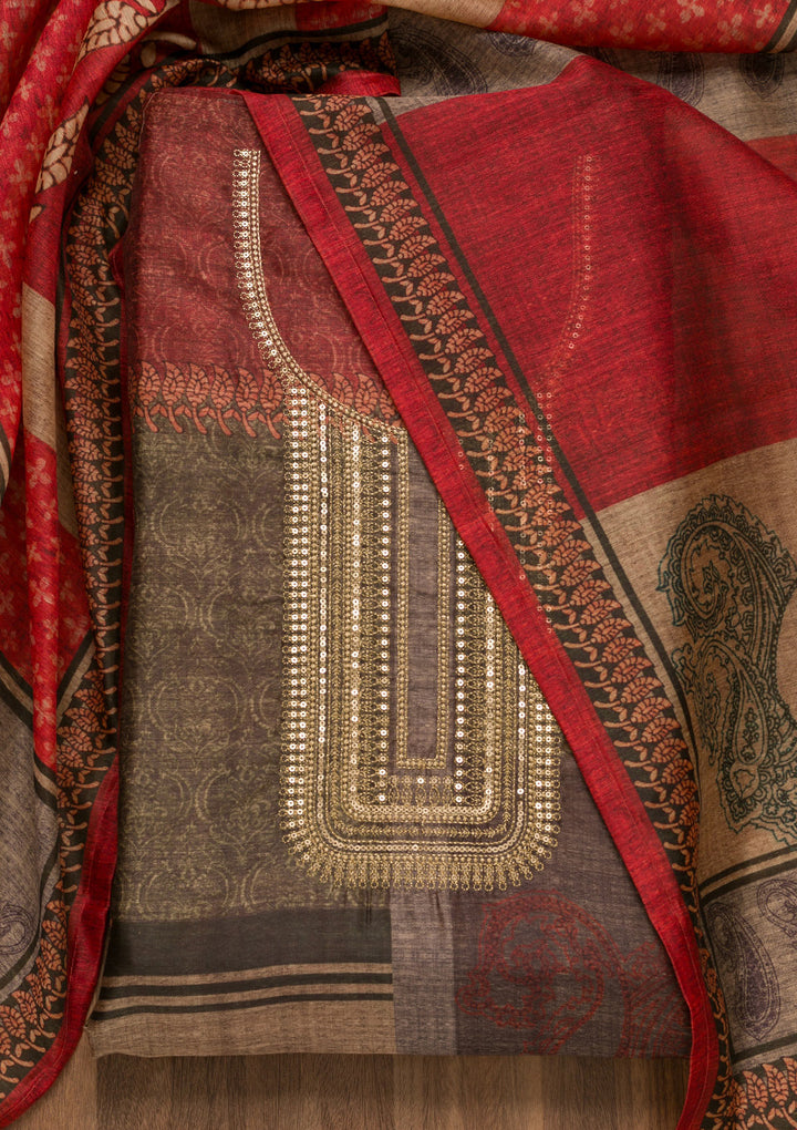 Mehendi Threadwork Chanderi Unstitched Salwar Suit
