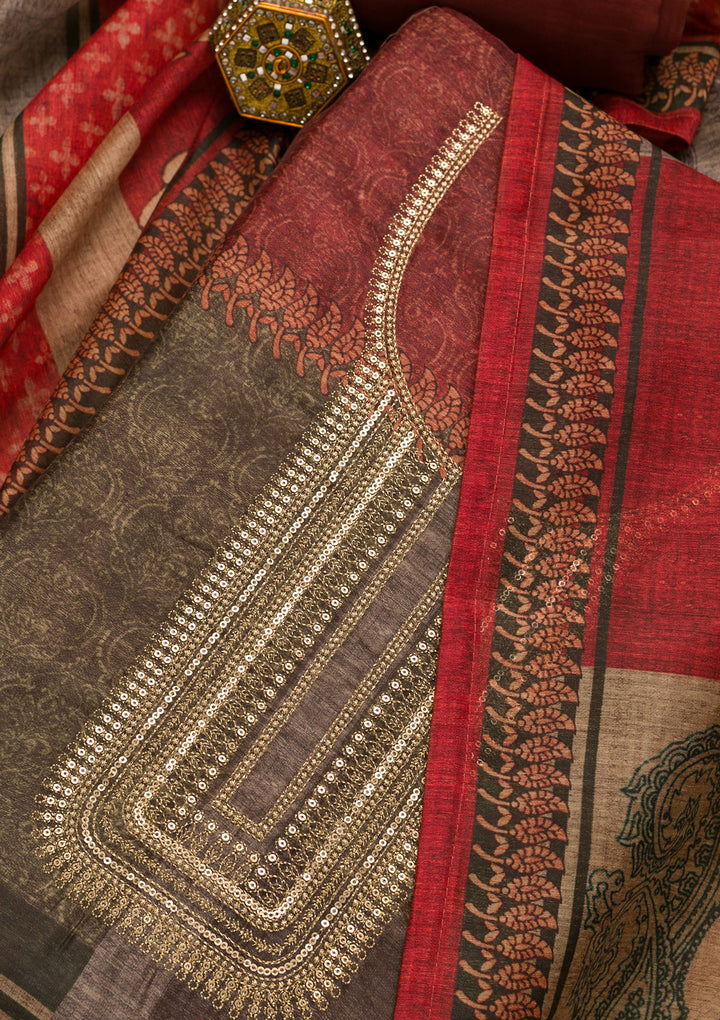 Mehendi Threadwork Chanderi Unstitched Salwar Suit