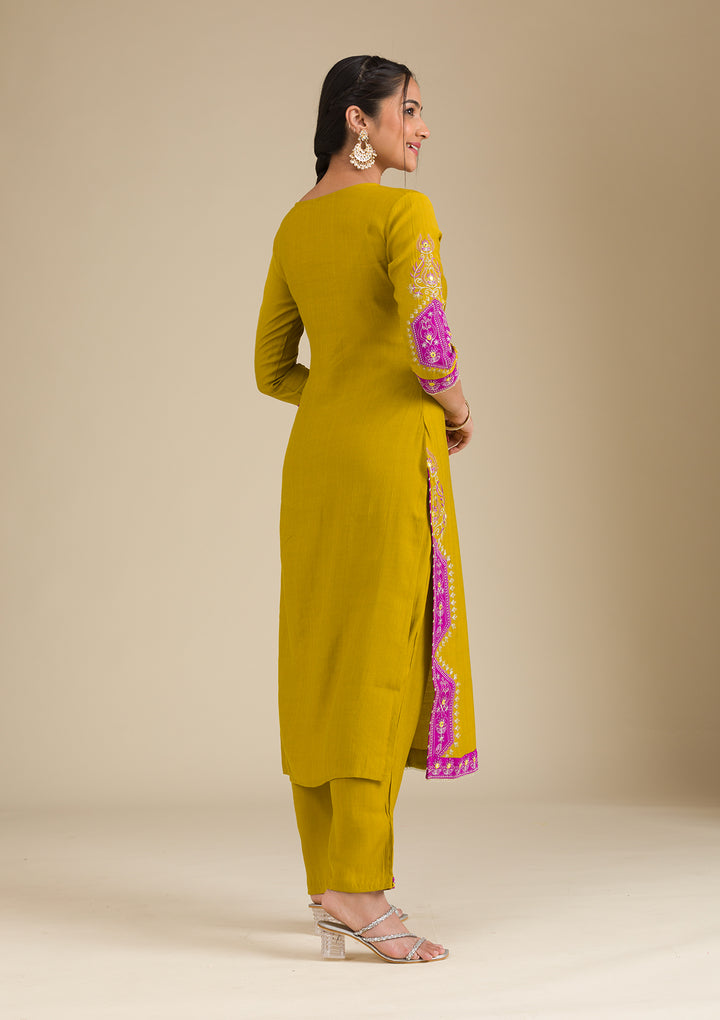 Mehendi Threadwork Chiffon Readymade Salwar Suit