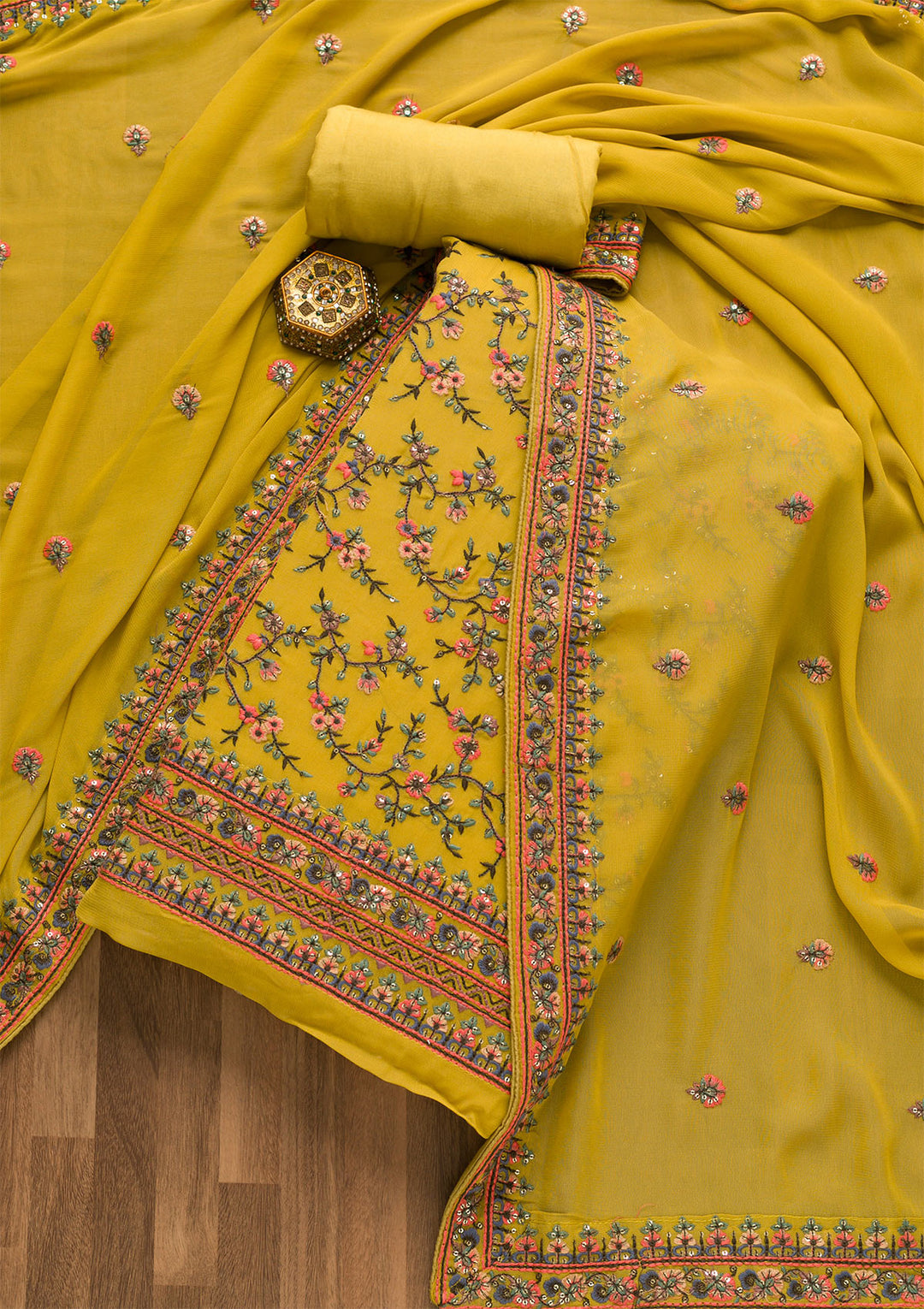 Mehendi Threadwork Georgette Unstitched Salwar Suit-Koskii