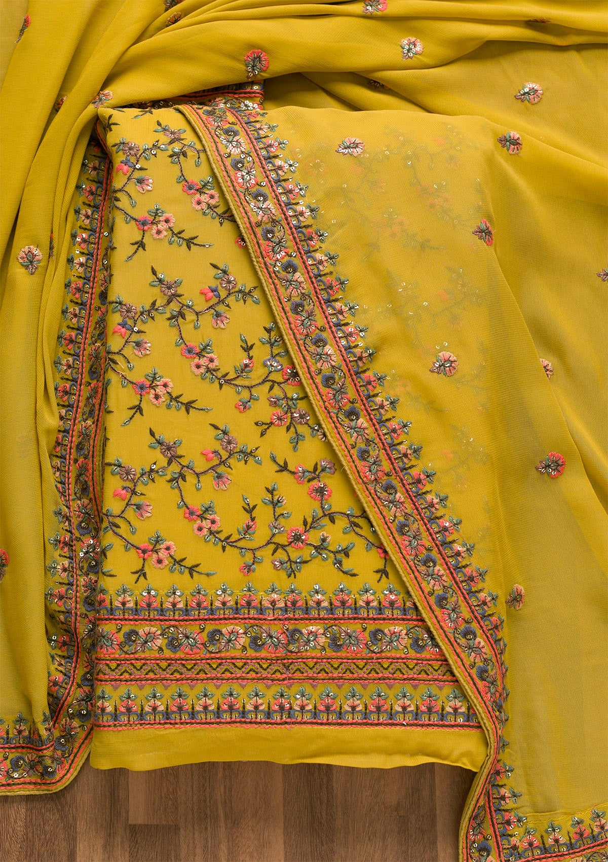 Mehendi Threadwork Georgette Unstitched Salwar Suit