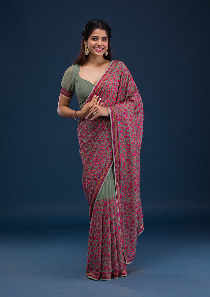 Mehendi Threadwork Georgette Saree