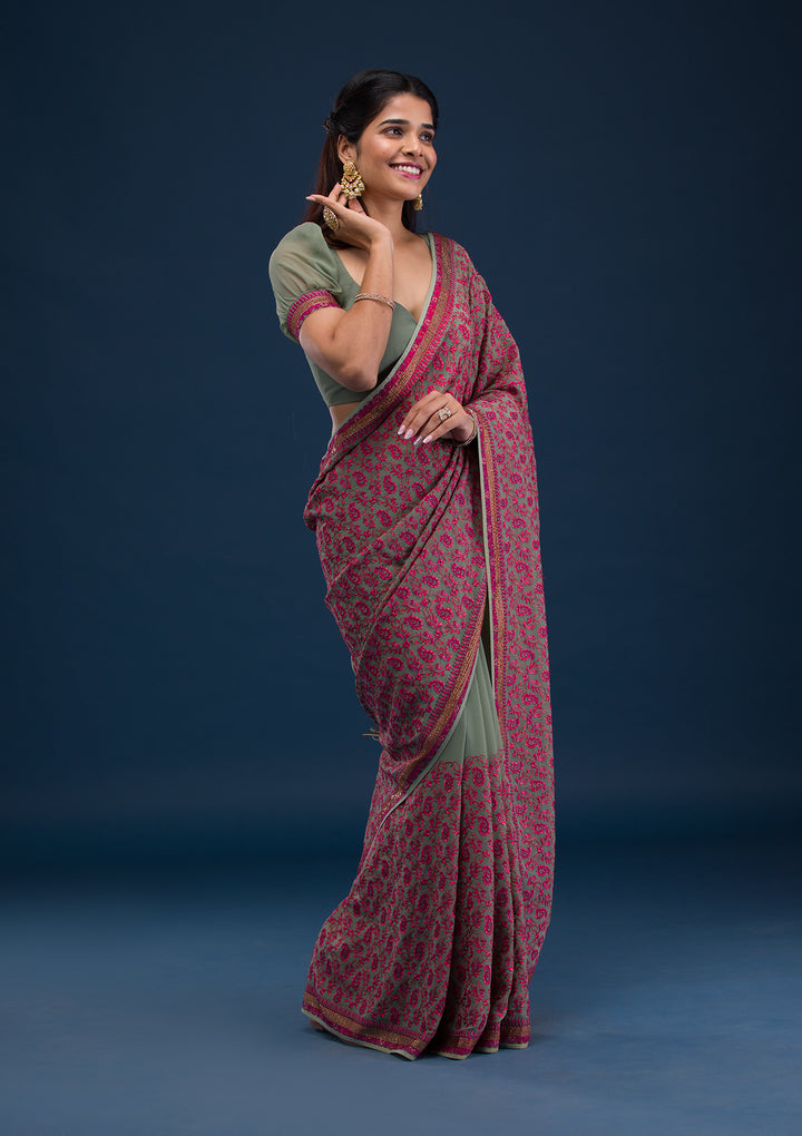 Mehendi Threadwork Georgette Saree