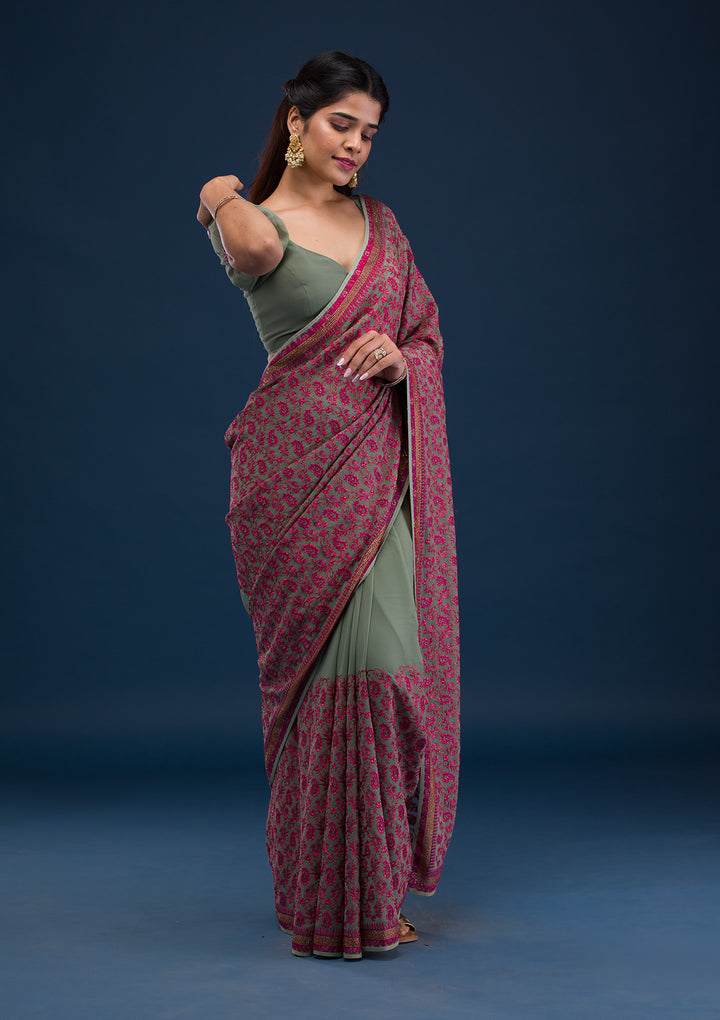 Mehendi Threadwork Georgette Saree