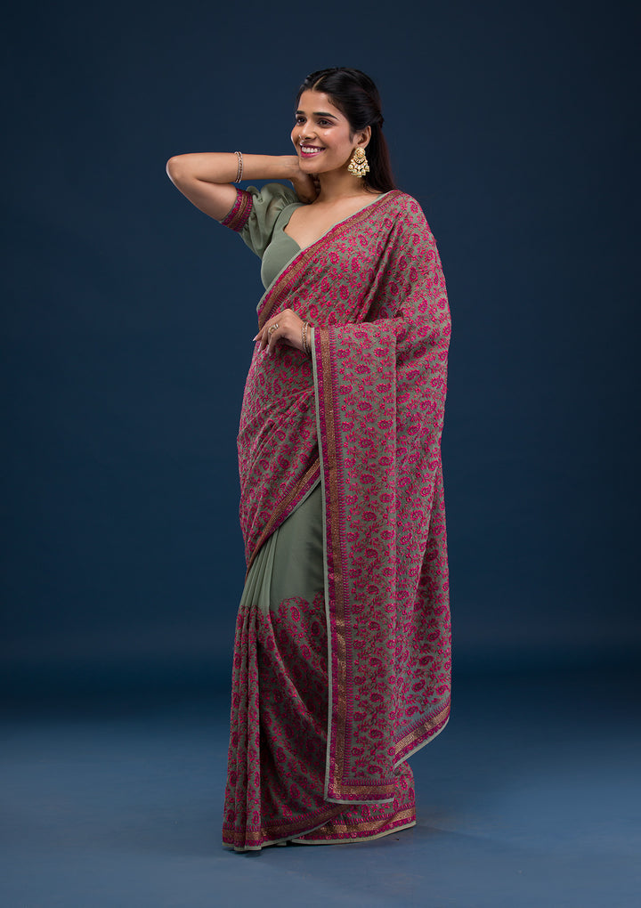 Mehendi Threadwork Georgette Saree