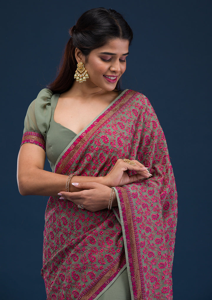 Mehendi Threadwork Georgette Saree