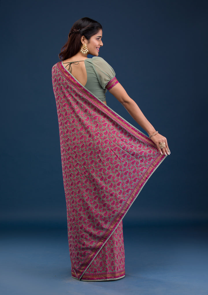 Mehendi Threadwork Georgette Saree