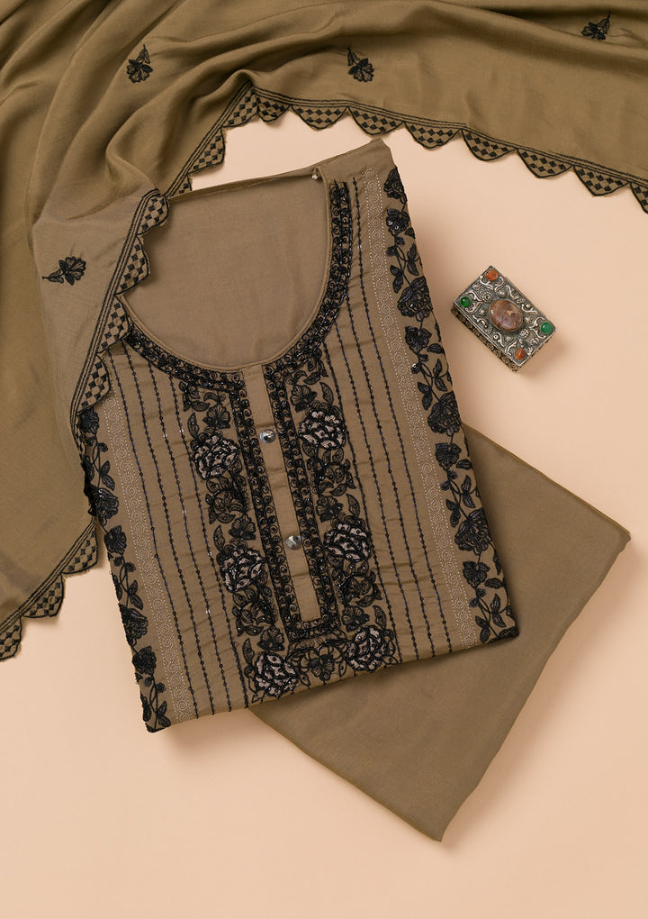 Brown Threadwork Semi Crepe Unstitched Salwar Suit