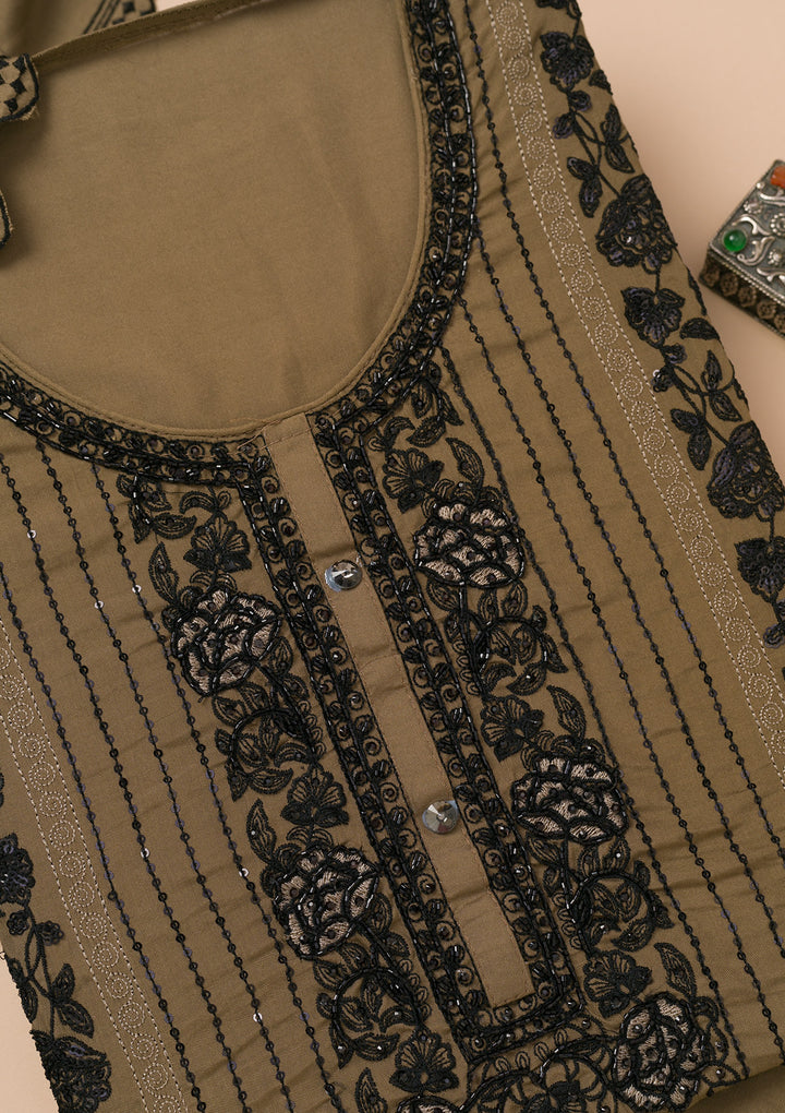 Brown Threadwork Semi Crepe Unstitched Salwar Suit