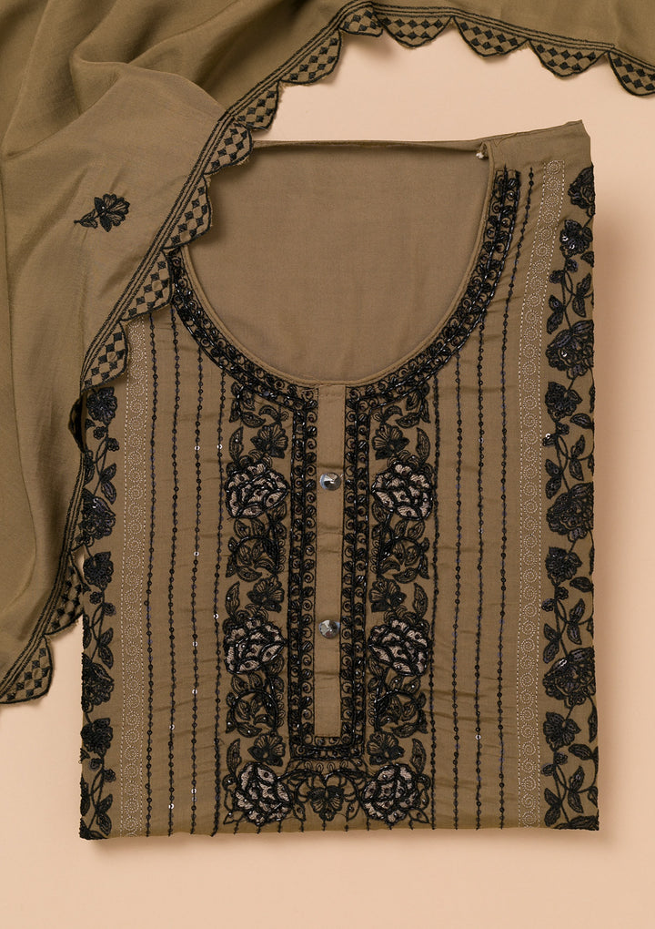 Brown Threadwork Semi Crepe Unstitched Salwar Suit