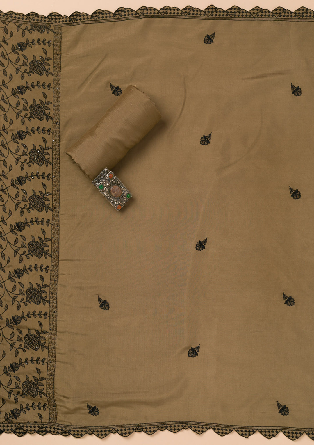Brown Threadwork Semi Crepe Unstitched Salwar Suit