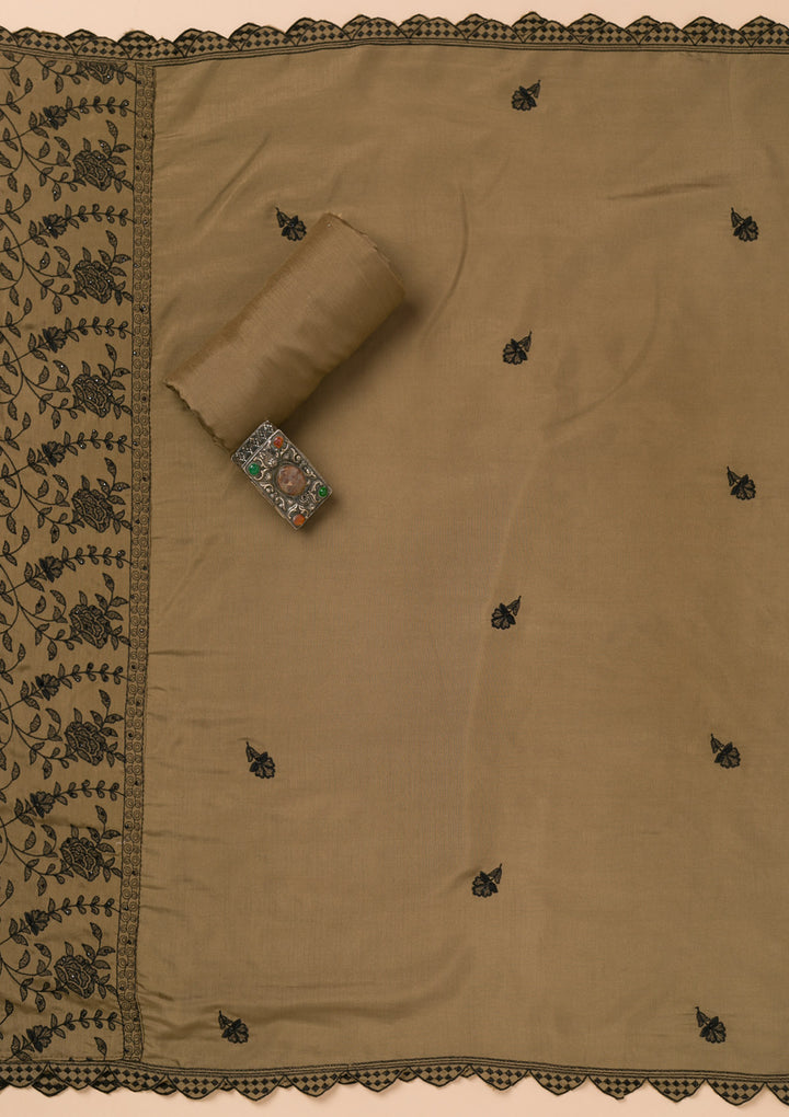 Brown Threadwork Semi Crepe Unstitched Salwar Suit