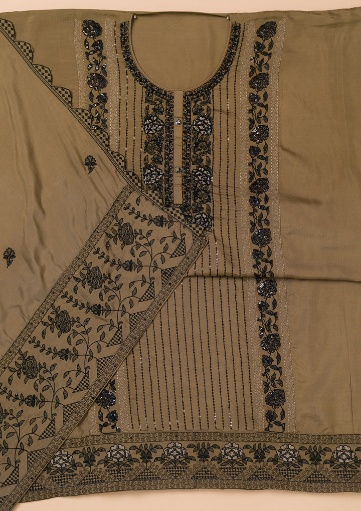 Brown Threadwork Semi Crepe Unstitched Salwar Suit