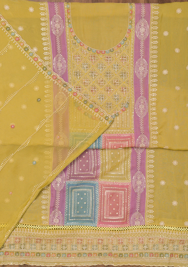 Mehendi Threadwork Semi Crepe Unstitched Salwar Suit