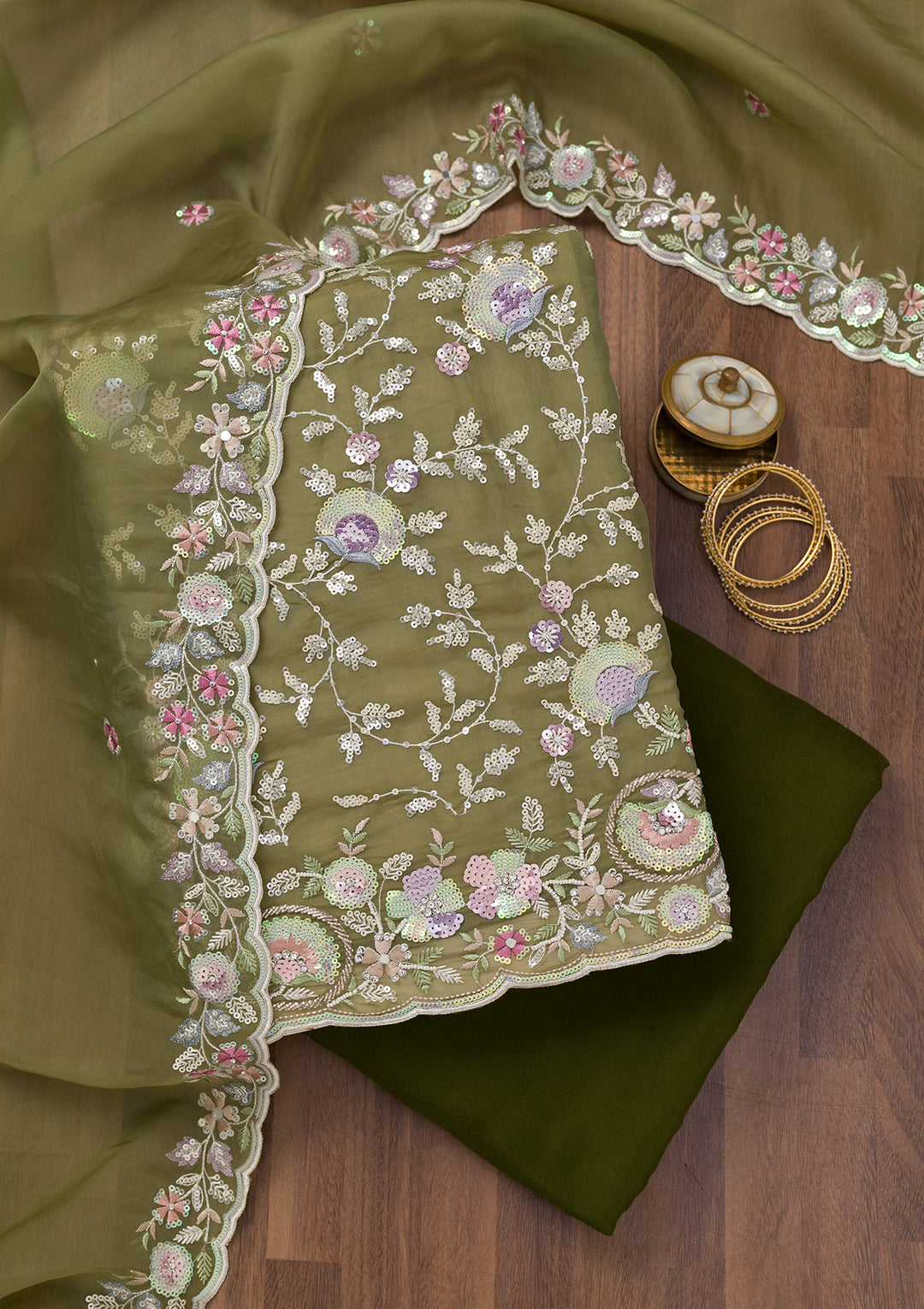 Mehendi Threadwork Tissue Unstitched Salwar Suit