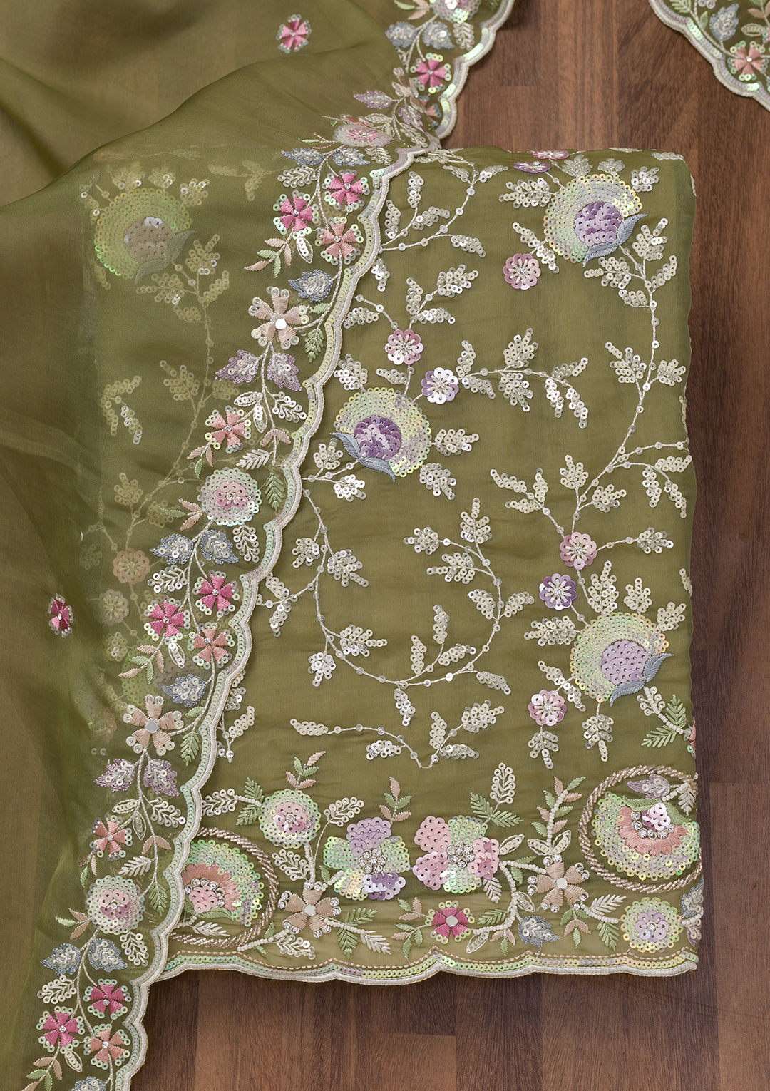 Mehendi Threadwork Tissue Unstitched Salwar Suit