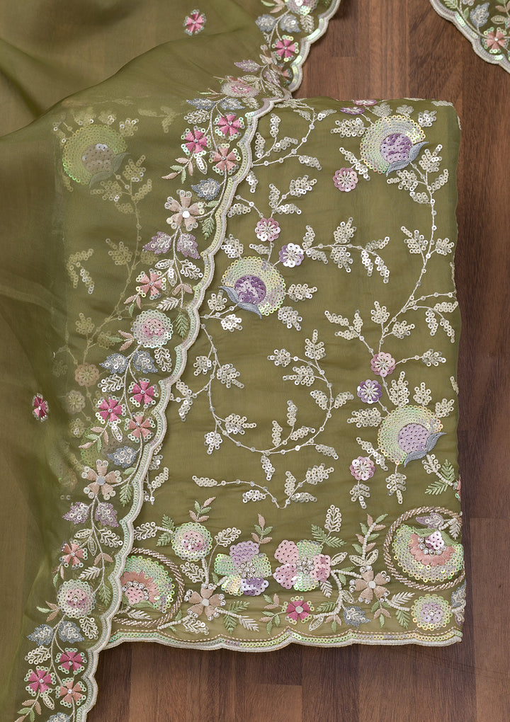 Mehendi Threadwork Tissue Unstitched Salwar Suit